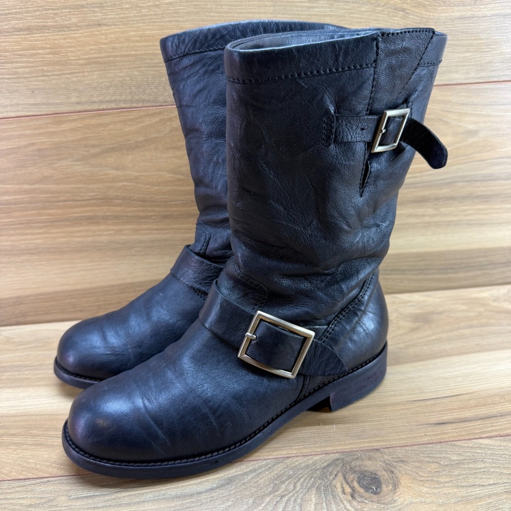 Jimmy Choo FLAWED Buckle Boots 5.5 EU 35.5 Black Leather Mid Calf Biker Moto - Picture 4 of 11